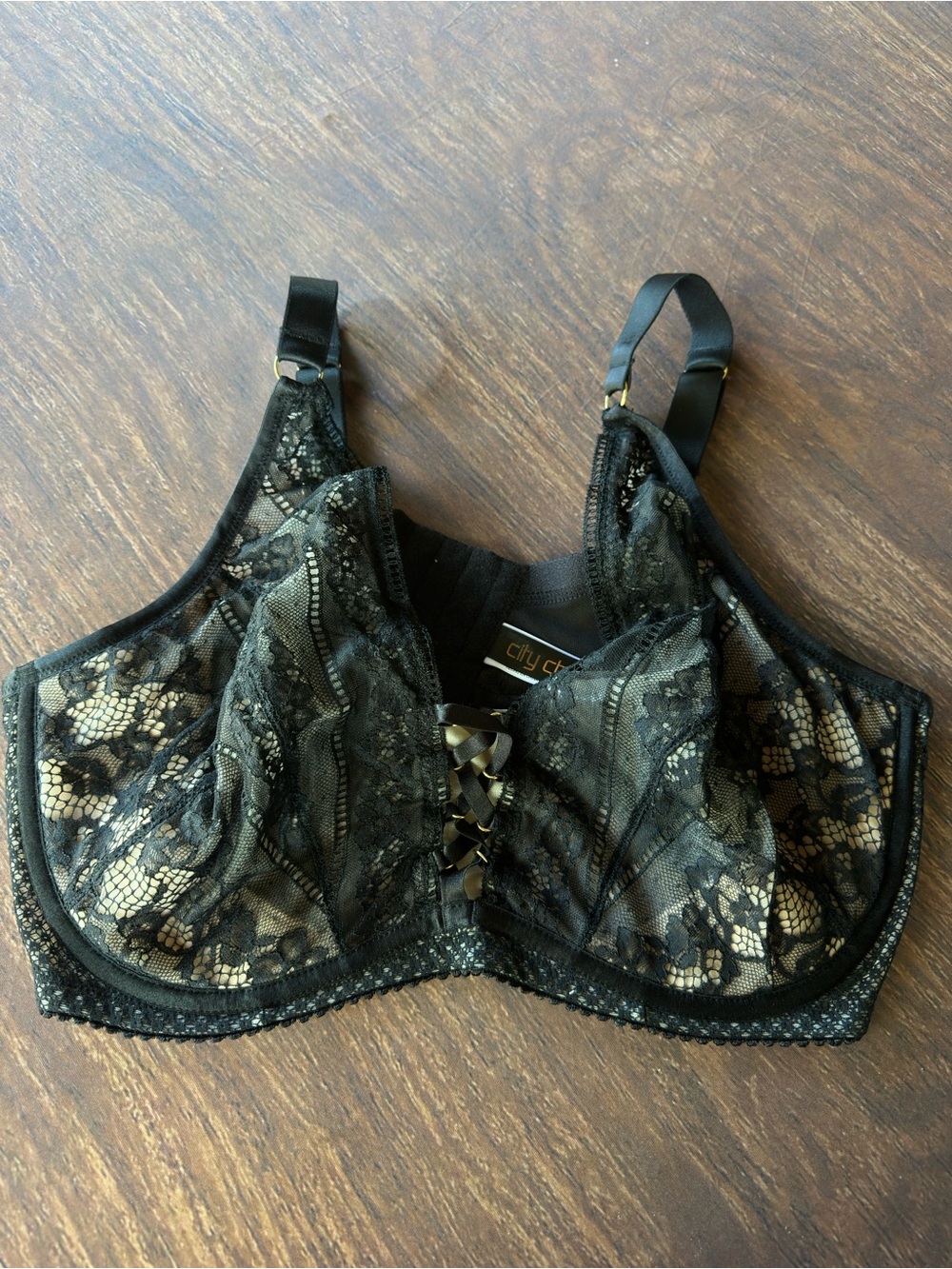 City Chic Black Lace Underwire Bra with Lace-Up Front